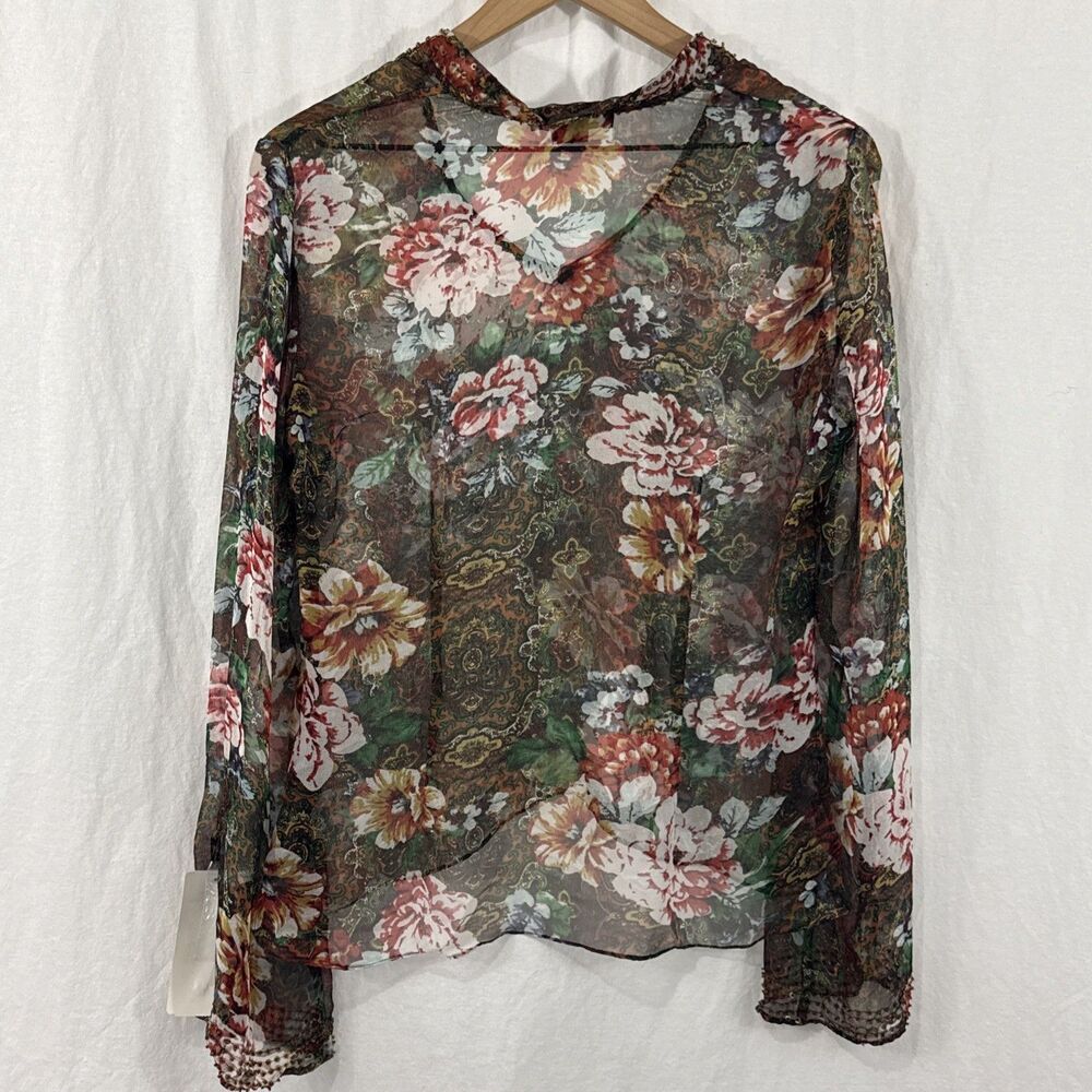 Eci New York town Sheer Floral Beaded Silk ? Split Flare Sleeve Top Womens Sz 8